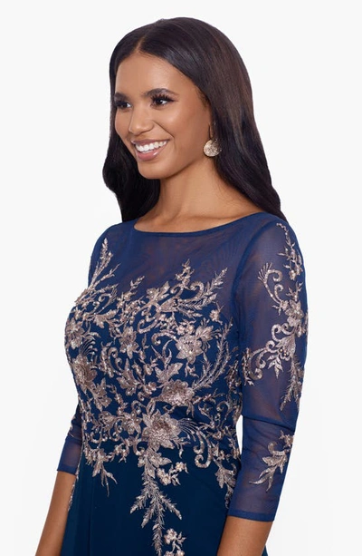 Betsy & Adam Petite Floral-embroidered Mesh Gown In Navy/ Rose