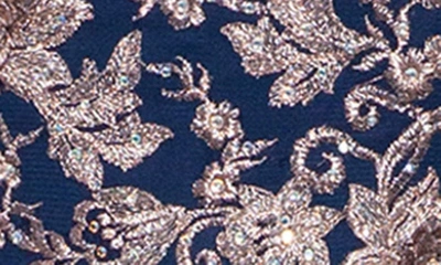 Betsy & Adam Petite Floral-embroidered Mesh Gown In Navy/ Rose