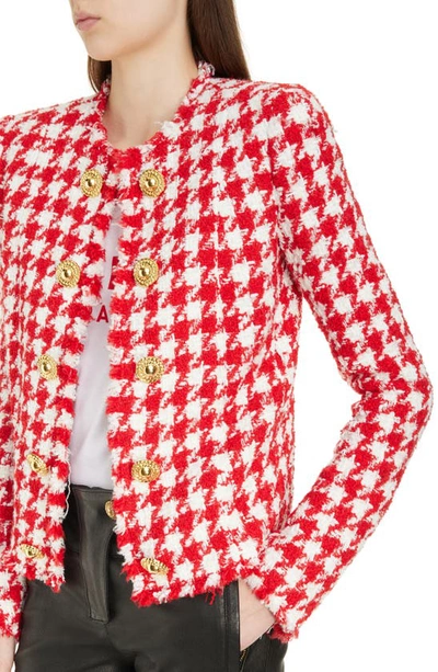 Shop Balmain Houndstooth Tweed Collarless Jacket In Mai Red/ White