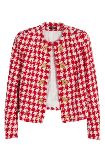 Shop Balmain Houndstooth Tweed Collarless Jacket In Mai Red/ White