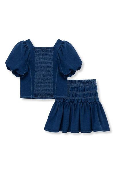 Shop Habitual Kids' Bubble Sleeve Denim Top & Skirt Set In Indigo