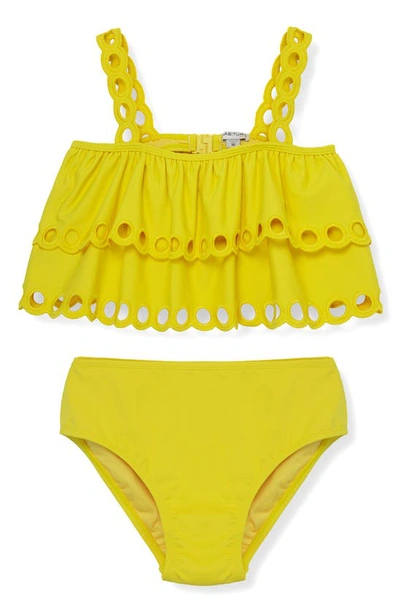 Shop Habitual Kids' Eyelet Scallop Two-piece Swimsuit In Yellow