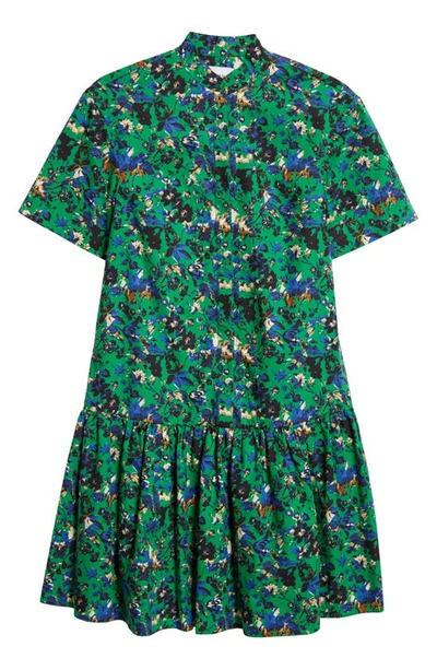 Shop Erdem Floral Print Tiered Cotton Poplin Shirtdress In Green