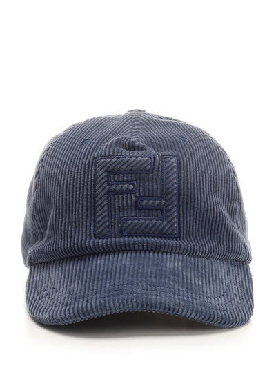 Shop Fendi Logo Embroidered Corduroy Baseball Cap In Blue