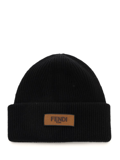 Shop Fendi Logo Patch Beanie In Black