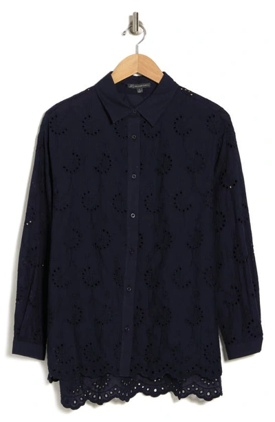 Shop Adrianna Papell Eyelet Button-up Shirt In Navy