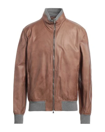 Shop Barba Napoli Man Jacket Light Brown Size 46 Leather In Beige