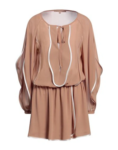 Shop Babylon Woman Mini Dress Camel Size 10 Polyester In Beige