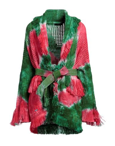Alanui California Dreamin Fringed Tie-dyed Open-knit Wool Cardigan In Green