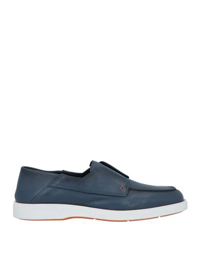 Santoni Man Loafers Slate Blue Size 7.5 Leather In Navy Blue