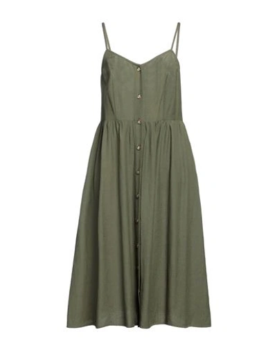 Shop Vila Woman Midi Dress Military Green Size 10 Viscose, Cotton, Linen