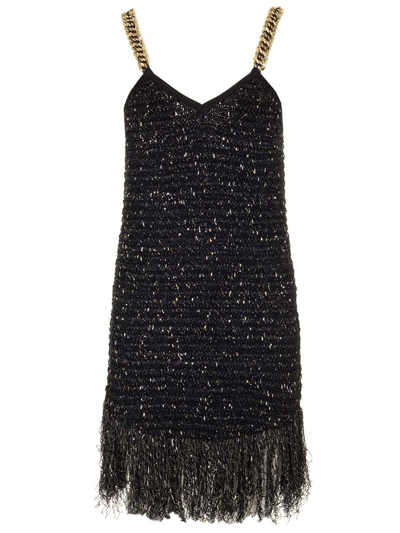 Shop Balmain Chain Strap Lurex Tweed Mini Dress In Black