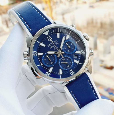 Pre-owned Bulova Marine Star Blue Dial Silver Tone Silicone Strap Men's Watch 96b287