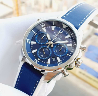 Pre-owned Bulova Marine Star Blue Dial Silver Tone Silicone Strap Men's Watch 96b287