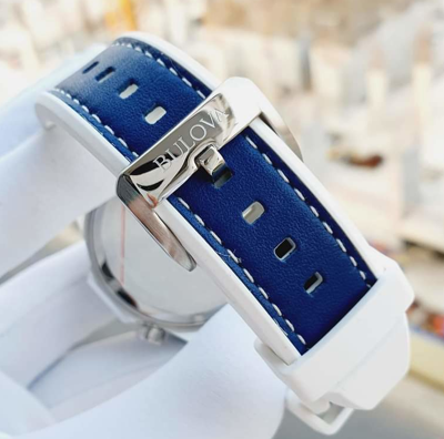 Pre-owned Bulova Marine Star Blue Dial Silver Tone Silicone Strap Men's Watch 96b287