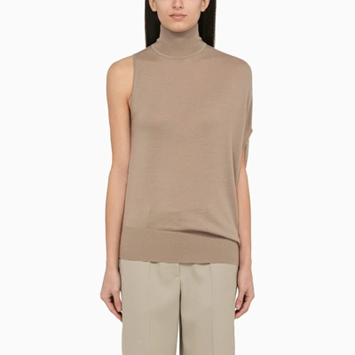Shop Calvin Klein Taupe One Shoulder Turtleneck In Wool