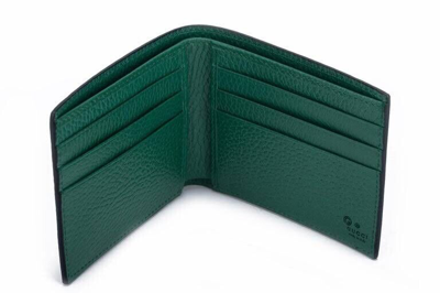 Pre-owned Gucci Interlocking Gg Bifold Leather Wallet Black With Green Interior