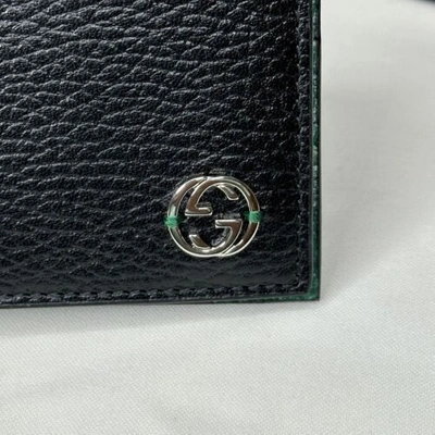 Pre-owned Gucci Interlocking Gg Bifold Leather Wallet Black With Green Interior