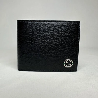 Pre-owned Gucci Interlocking Gg Bifold Leather Wallet Black With Green Interior