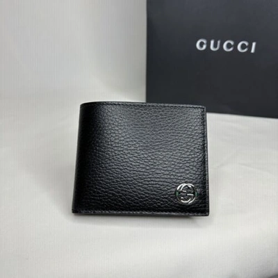 Pre-owned Gucci Interlocking Gg Bifold Leather Wallet Black With Green Interior