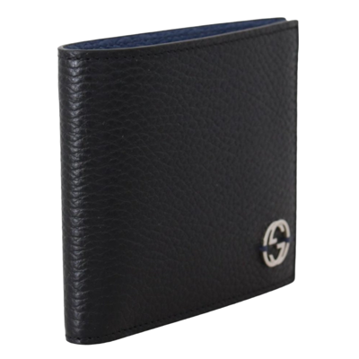 Pre-owned Gucci Interlocking Gg Bifold Leather Wallet, Black With Blue Interior