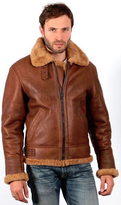 Pre-owned Infinity Men's Ww2 Coniac Brown B3 Aviator Bomber Sheepskin Leather Pilot Jacket