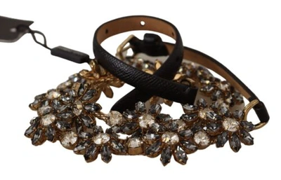 Pre-owned Dolce & Gabbana Dolce&gabbana Women Black Waist Leather Brass Daisy Crystal Skinny Dress Strap