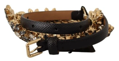 Pre-owned Dolce & Gabbana Dolce&gabbana Women Black Waist Leather Brass Daisy Crystal Skinny Dress Strap