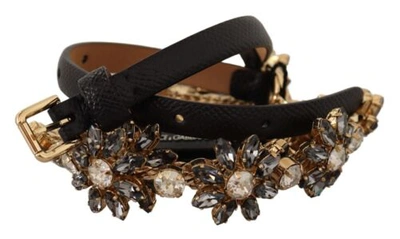 Pre-owned Dolce & Gabbana Dolce&gabbana Women Black Waist Leather Brass Daisy Crystal Skinny Dress Strap