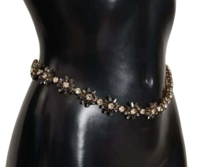 Pre-owned Dolce & Gabbana Dolce&gabbana Women Black Waist Leather Brass Daisy Crystal Skinny Dress Strap