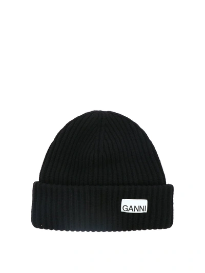 Shop Ganni Ribbed Beanie With Patch