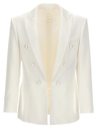 Shop Balmain Monogrammed Double Breasted Blazer In White