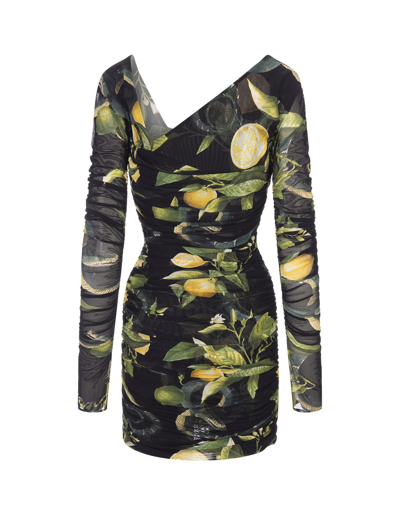 Shop Roberto Cavalli Short Black Stretch Dress With Lemons Print