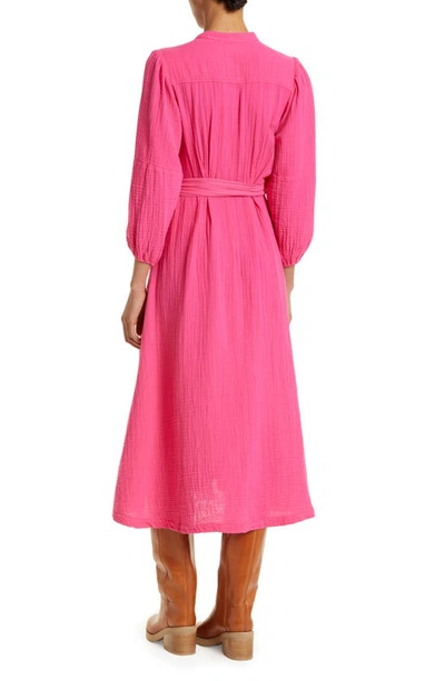 Xirena Selene Long Sleeve Cotton Gauze Midi Shirtdress In Pink Raspberry