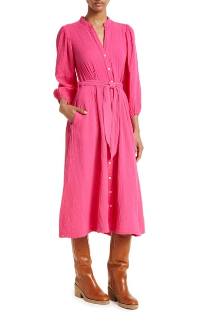 Shop Xirena Selene Long Sleeve Cotton Gauze Midi Shirtdress In Pink Raspberry