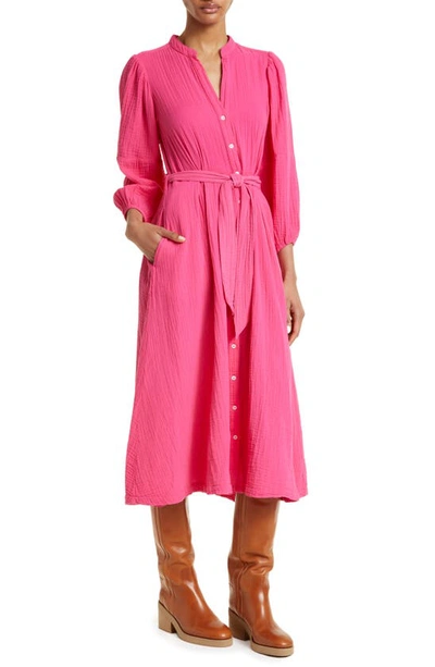 Xirena Selene Long Sleeve Cotton Gauze Midi Shirtdress In Pink Raspberry