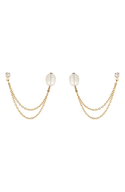 Ettika Cz & Imitation Pearl Double Chain Drop Earrings In Gold