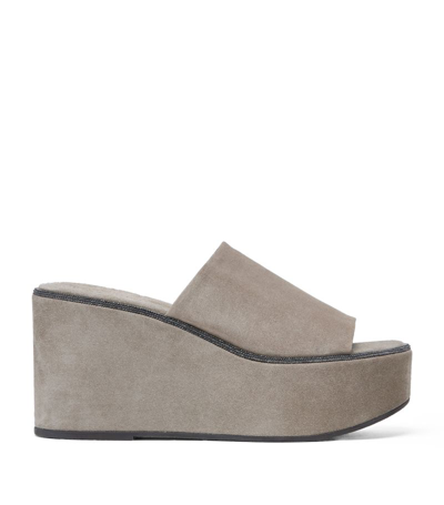 Shop Brunello Cucinelli Suede Platform Wedge Sandals In Grey