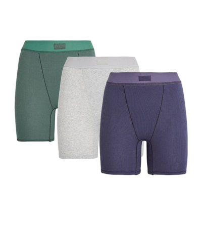 Skims 3-pack Cotton Rib Boxers In Light Grey/green/purple
