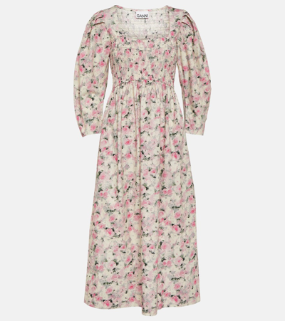 Shop Ganni Floral Cotton Midi Dress In Multicoloured