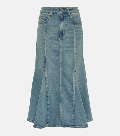 Shop Ganni Faded Denim Midi Skirt In Blue