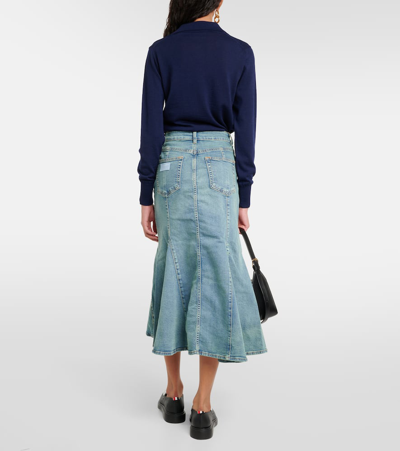 Shop Ganni Faded Denim Midi Skirt In Blue