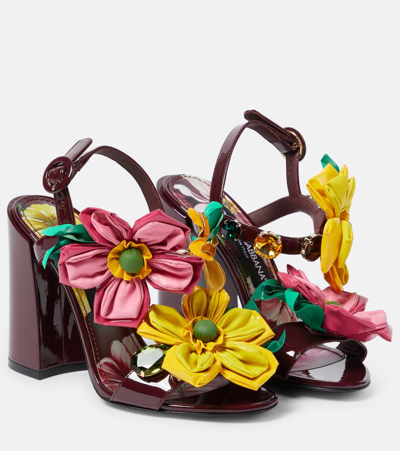 Shop Dolce & Gabbana Floral-appliqué Patent Leather Sandals In Red
