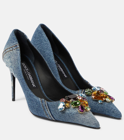 Shop Dolce & Gabbana Crystal-embellished Denim Pumps In Blue