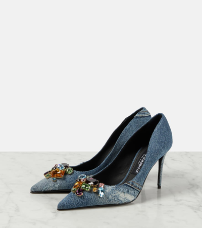Shop Dolce & Gabbana Crystal-embellished Denim Pumps In Blue