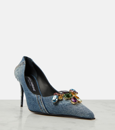 Shop Dolce & Gabbana Crystal-embellished Denim Pumps In Blue