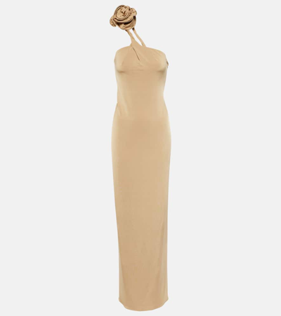 Shop Magda Butrym Floral-appliqué One-shoulder Jersey Maxi Dress In Beige