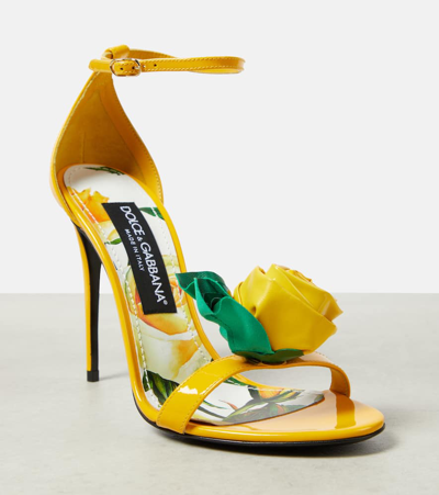 Shop Dolce & Gabbana Keira Floral-appliqué Patent Leather Sandals In Yellow