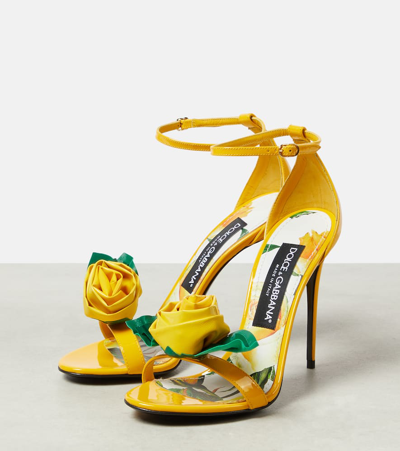 Shop Dolce & Gabbana Keira Floral-appliqué Patent Leather Sandals In Yellow