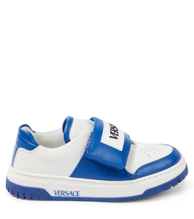 Shop Versace Leather Sneakers In Blue